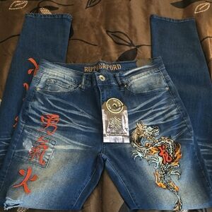 Blue Embroidered Dragon Men Jeans